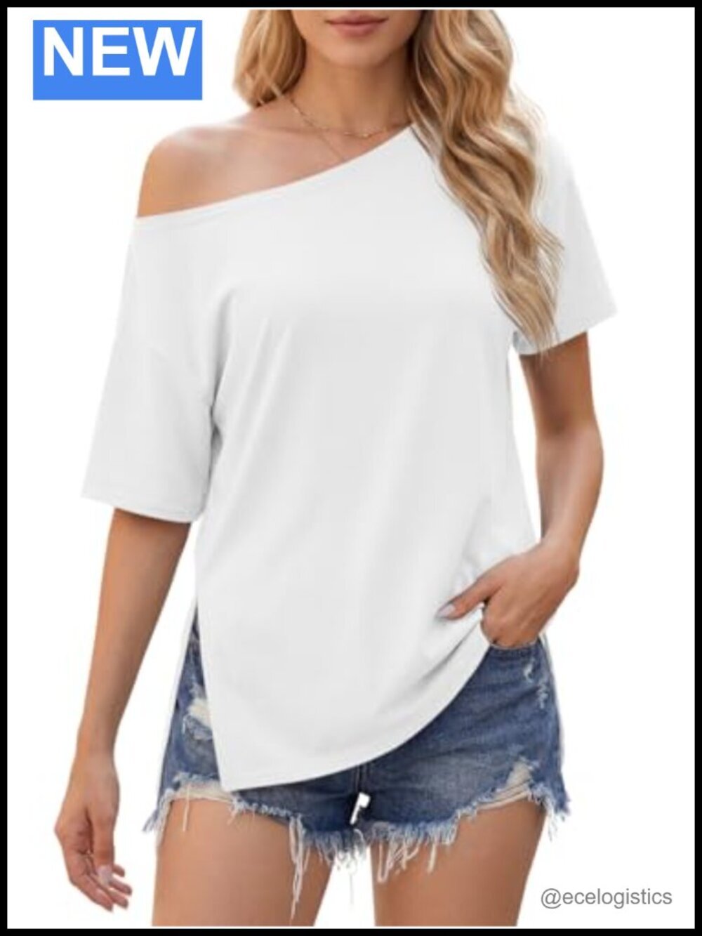 Oversized Asymmetric One Shoulder Tee with Side Slits Drop Shoulder Loose Fit